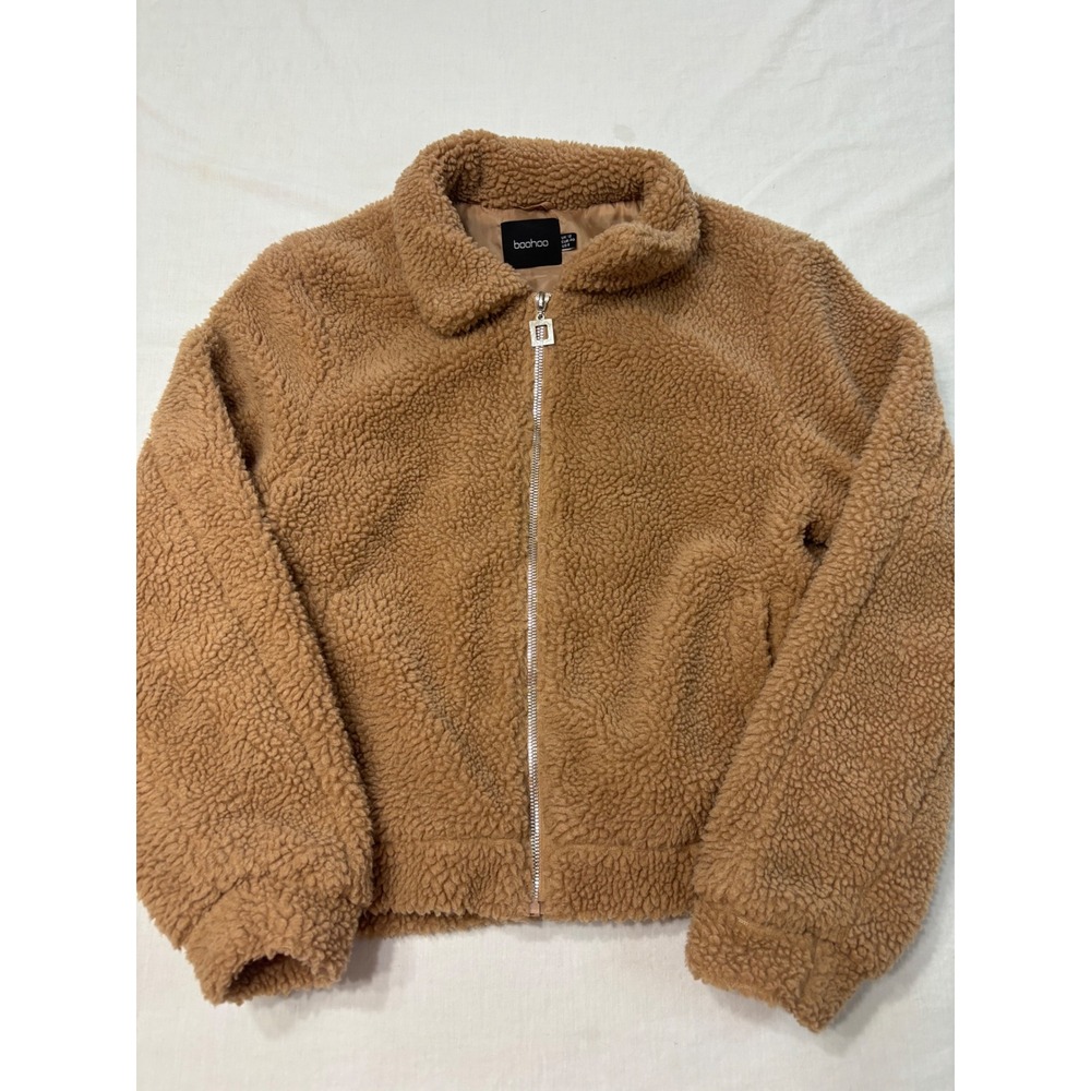 Boohoo Womens Camel Brown Teddy Faux Fur Zip Up Jacket Size 6 US